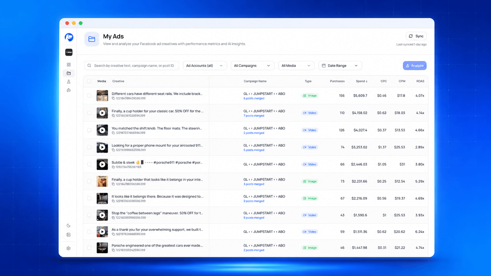 Dinometrics My Ads list sorted by ROAS with spend and purchase columns